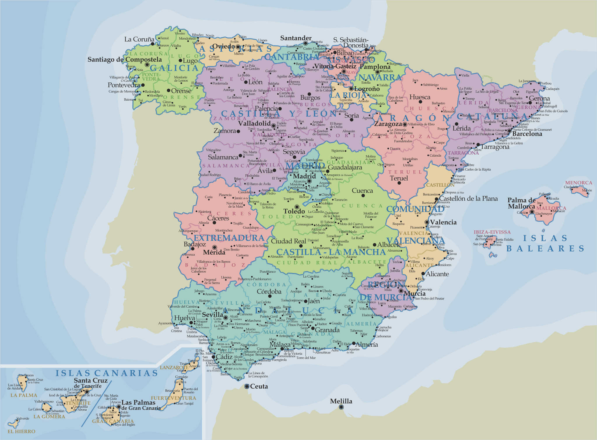Carte de l'Espagne avec les noms en espagnol