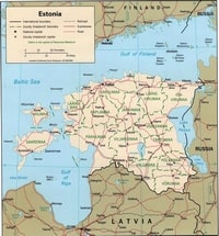 Carte de l'Estonie avec la capitale Tallinn, les régions, les chemins de fer, les autoroutes, les routes, l'échelle en km et en miles