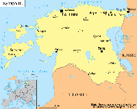 Carte d'Estonie avec la capitale, les grandes villes, les lacs et la localisation en Europe