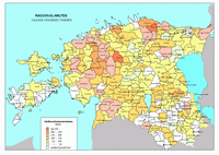 Carte de l'Estonie avec le taux de concentration en radon dans les habitations en becquerels par mètre cube