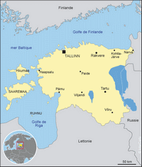 Carte de l'Estonie avec les villes, la mer baltique, le golf de Finlande et le golfe de Riga