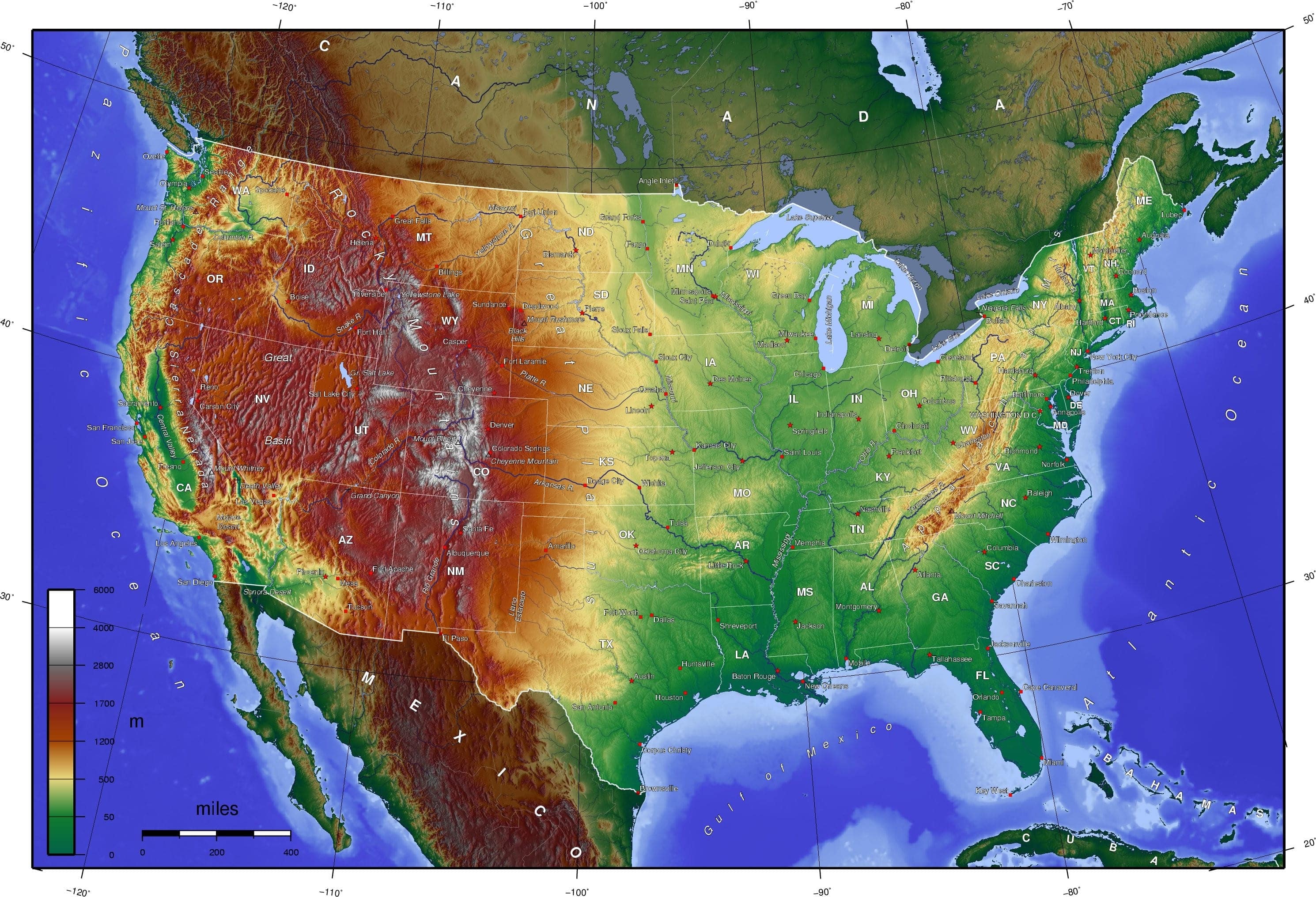 Carte des États-Unis : le relief et l'altitude