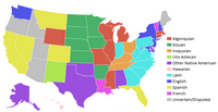 Carte des Etats-Unis avec l'origine étymologique du nom des états