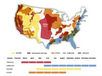 Carte des Etats-Unis avec les risques de catastrophes naturelles en fonction des saisons