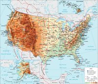 Carte des Etats-Unis avec les routes, les frontières, les chemins de fer, le relief, l'altitude et les aéroports