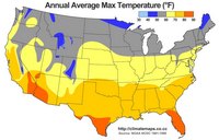Carte Etats Unis avec les températures moyennes annuelles maximales en fahrenheit