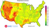 Carte des Etats-Unis avec les températures souterraine à 6.5 km de profondeur en degrés Celcius