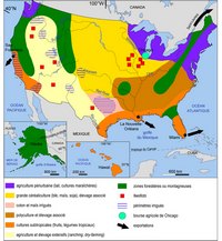 Carte des Etats-Unis avec les zones agricoles, le type de culture et la bourse agricole de Chicago