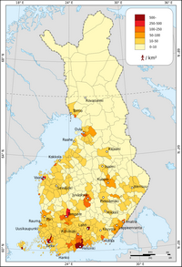 Carte Finlande avec la densité de population en habitant par km2