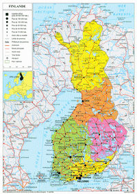 Carte de la Finlande avec la taille des villes, les autoroutes, les routes, les voies ferrées et l'aéroport