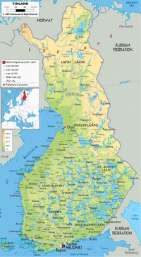Carte de la Finlande avec la taille des villes, les rivières, les aéroports et l'altitude