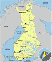 Carte de la Finlande avec les villes, les lacs et la localisation en Europe
