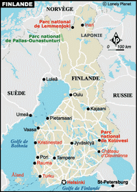 Carte de la Finlande avec les villes et les parcs nationaux