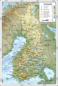 Carte Finlande avec les villes, les routes principales et secondaires, les rails et l'altitude en mètre