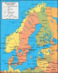 Carte de la Finlande, Norvège et Suède avec les routes principales, secondaires, les rivières et les villes