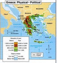 Carte de la Grèce physique avec le relief, l'altitude et le Mont Olympe