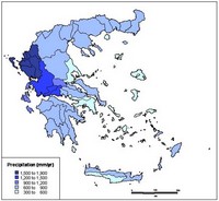 Carte de Grèce avec les précipitations annuelles en mm