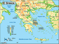 Carte de la Grèce avec le relief et l'altitude en mètre et en feet et l'échelle en miles et en km