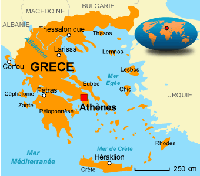 Carte de la Grèce simple avec l'échelle en km et la localisation dans le monde