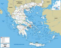 Carte Grèce avec la taille des villes, les routes, les autoroutes, les rivières et les sommets montagneux