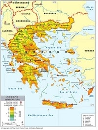 Carte Grèce avec les villes, les nomes, les préfectures et la température moyenne annuelle