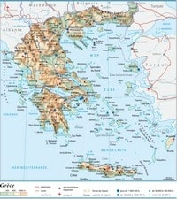 Carte de la Grèce avec les villes, les villages, l'altitude, les routes, les autoroutes, les aéroports et les sites touristiques