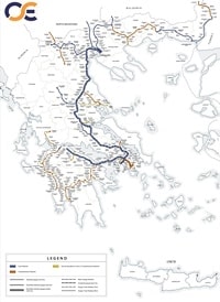 Grande carte de la Grèce avec le réseau de train, les gares et le type de ligne