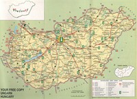 Carte de la Hongrie avec les autoroutes, les routes principales et secondaires, les postes frontières et les offices du tourisme
