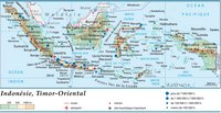 Carte de l'Indonésie avec le relief, l'altitude, les routes et les volcans