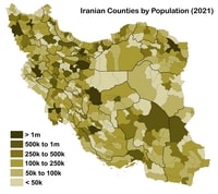 carte Iran densité de population indiquant le nombre d'habitants par comté