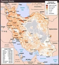 Carte de l'Iran avec la densité de population dans le pays et la population des grandes villes