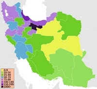 Carte de l'Iran avec la densité de population par province