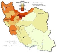Carte de l'Iran avec la densité de population et la taille des villes