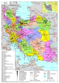 Carte de l'Iran avec la liste des provinces, les routes, les autoroutes, les pistes, les villes et les sites historiques