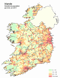 Carte de l'Irlande avec la densité de population par km2