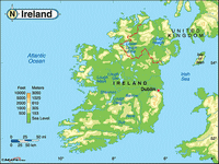 Carte de l'Irlande avec le relief et l'altitude en mètre et en feet