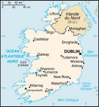 Carte de l'Irlande avec les villes et l'échelle en miles et en km