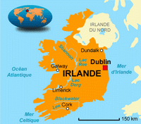 Carte de l'Irlande simple avec les villes, les lacs et la localisation dans le monde
