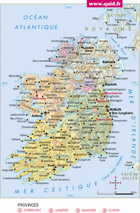 Carte de l'Irlande avec les villes, les routes, les aéroports, les lacs et les rivières