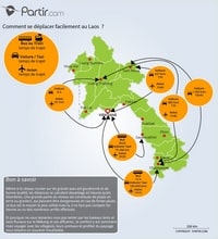 Carte du Laos avec la distance entre les villes et la durée de transport