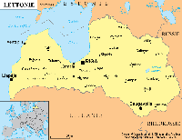 Carte de la Lettonie avec les villes, les collines de Courlande et la localisation en Europe