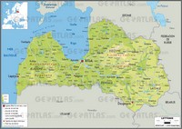 Carte de la Lettonie avec les villes, le relief, l'altitude, les points culminants et l'aéroport