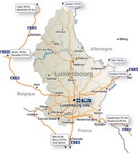 Carte du Luxembourg avec les villes, l'aéroport, la gare TGV, les autoroutes et la distance avec les autres villes