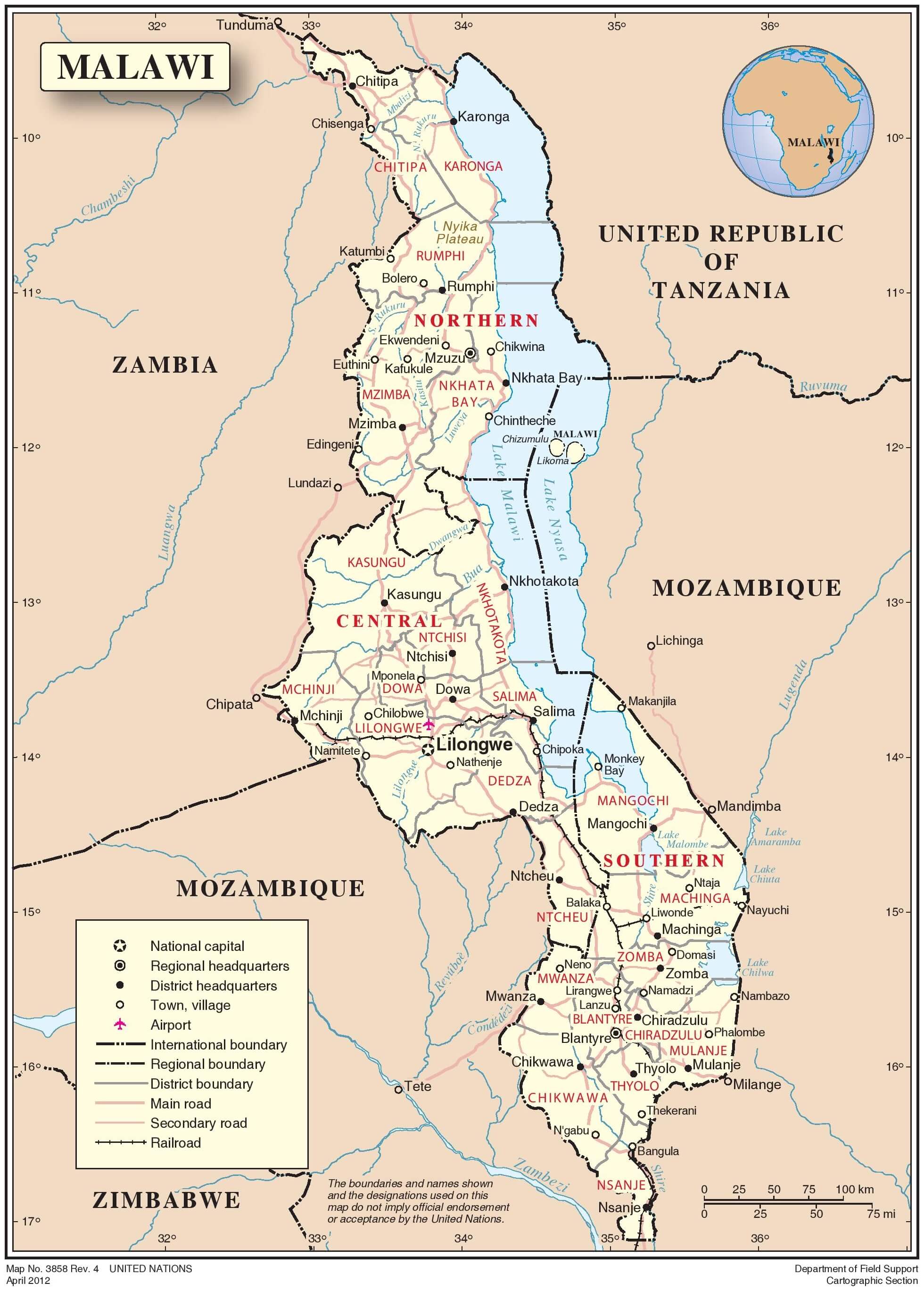 Carte Du Malawi Avec Les Villes