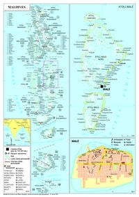 Carte des Maldives avec les aéroports, les aérodromes, les atolls, les villes, les villages