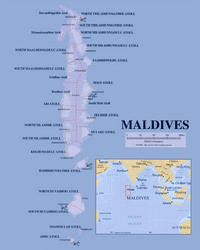 Carte des Maldives avec les atolls, les aéroports et la localisation dans l'océan Indien