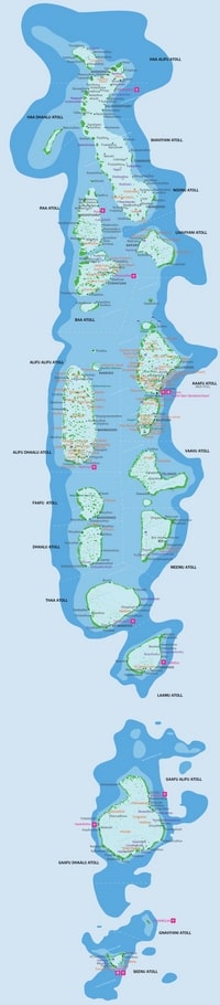 Carte des Maldives avec les atolls, les villes, l'aéroport international, les resorts et des informations touristiques
