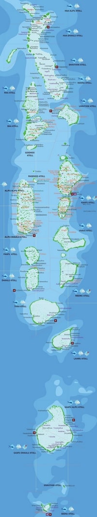 Carte des Maldives avec le nom des atolls principaux, les villes et les aéroports