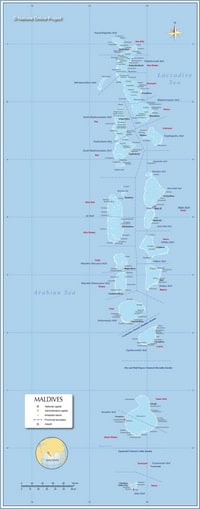 Carte des Maldives avec la capitale, les capitales administratives et les frontières entre les provinces