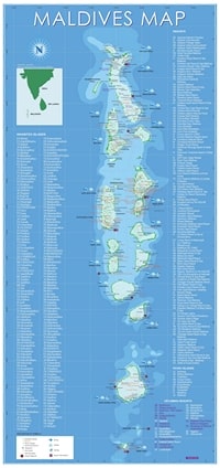 Carte des Maldives avec les resorts, les iles de pique nique, les sports de plongee, voile et surf et les iles inhabitees